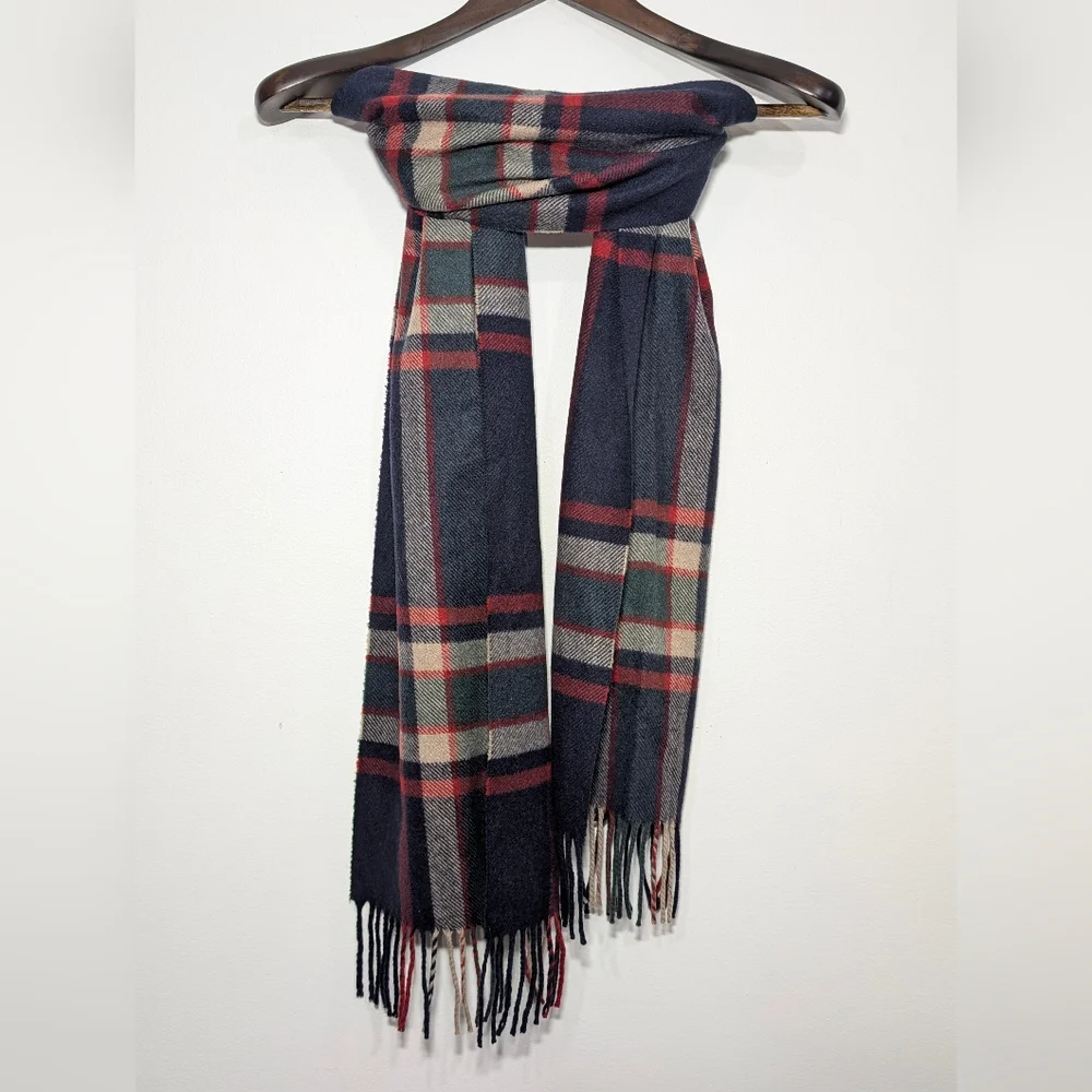 J. Crew Cashmere Navy Blue Tartan Plaid Scarf  Red Cream Green - Picture 2 of 5